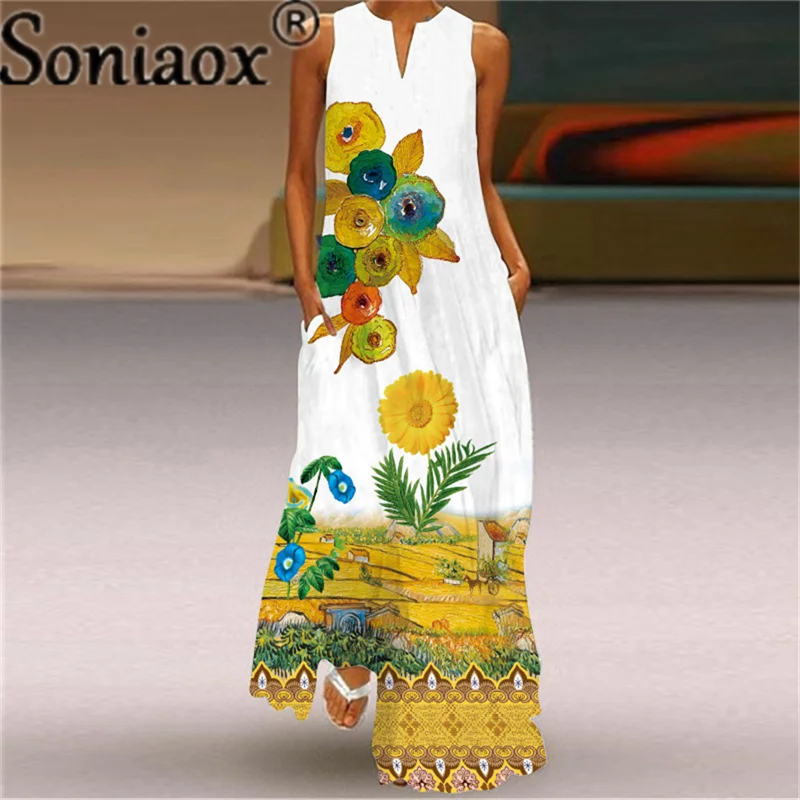 

Casual Women's Summer Print Sleeveless Pocket Loose Dress 2021 Retro Floral Maxi Dress V-Neck Sexy Female Long Dresses