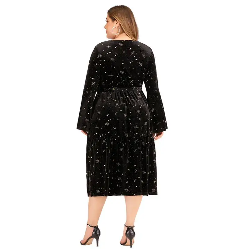 XL-5XL, осень-зима, плюс размер, вельветовое платье, повседневное, женское, с принтом, с длинным рукавом, платье с рукавом-колокол, большой размер, элегантные, длинные, вечерние платья