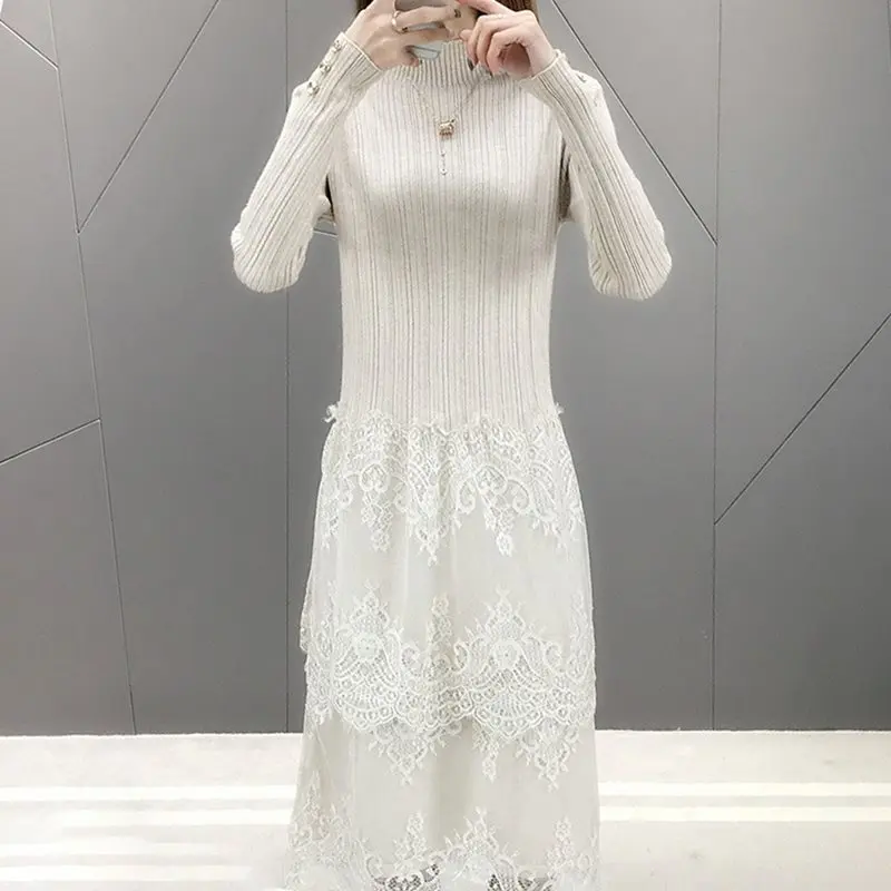 

2019 Autumn Winter Half Turtleneck Long Lace Sweaters Dresses Women Slim Knitted Dress Female Loose Casual Korean Sweaters Dress