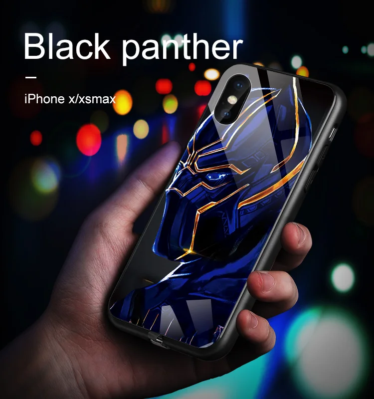 Чехол Marvel iron man для iPhone XS MAX XR X 6 7 8 6S Plus, светодиодный фонарик, напоминание о входящем светящемся стекле - Цвет: Panther