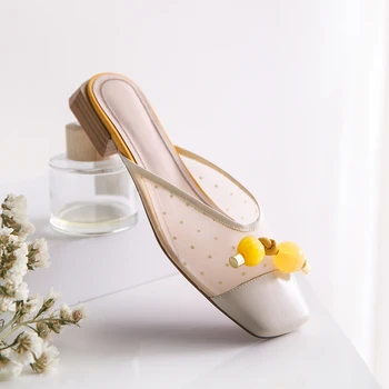 

2020 Summer New Women Sandals peep Toe Square Heel low Shoes Metal Decoration Sheepskin Genuine leather Sandals