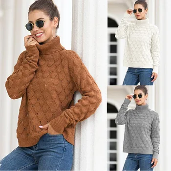 

Olomm2020 Women's T-shirt Popular High Collar Pullover Fish Scale Sweater Solid Color Fashion Personality With Office Women