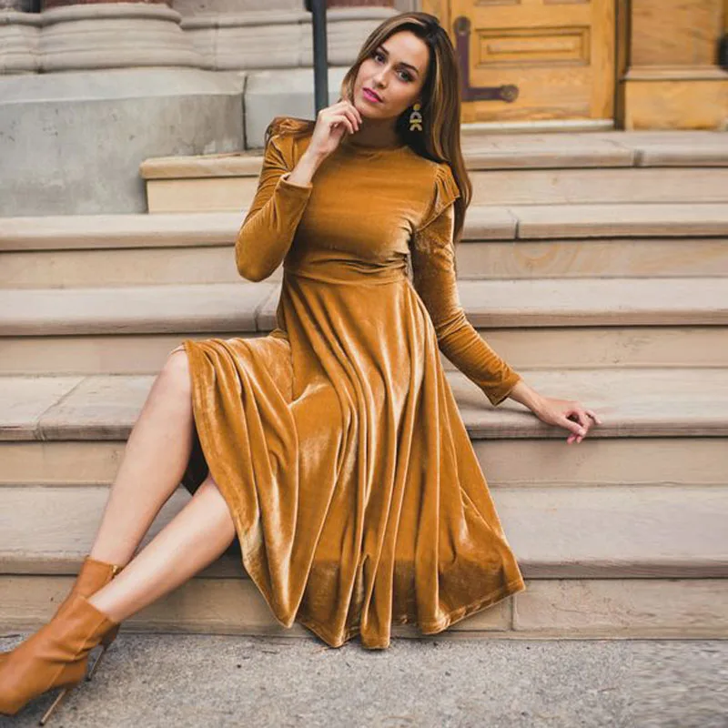 En Ligne 3XL moulante femmes robe en velours mode automne robe d hiver col rond décontracté à manches longues une ligne robes mi longues robes élégantes
