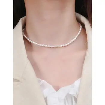 

30cm+10cm Real. 925 Sterling silver Freshwater Natural Rice Pearls Pendant Short choker necklace Gift Charms TLX986