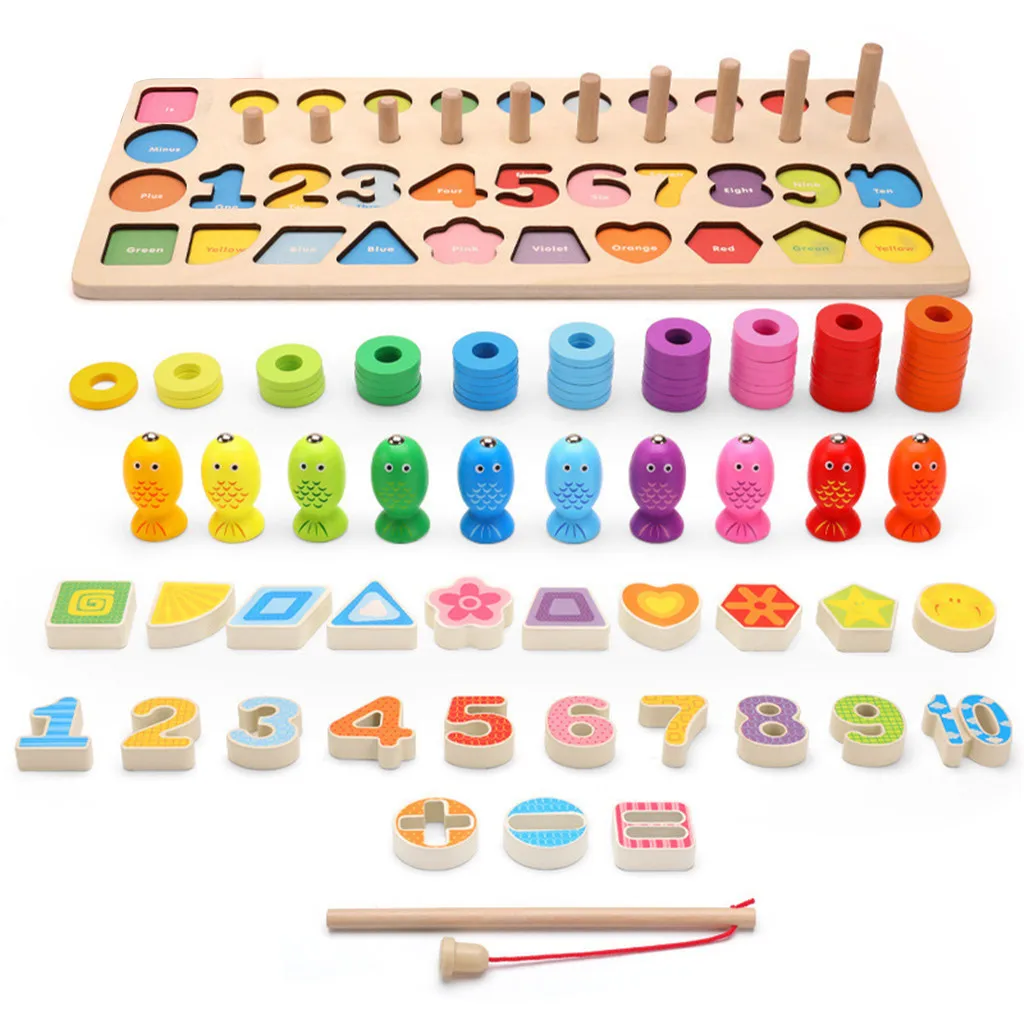  Children's Wooden Toys Digital Matching Fishing Board Toys Children's Montessori Toddlers Baby Educ