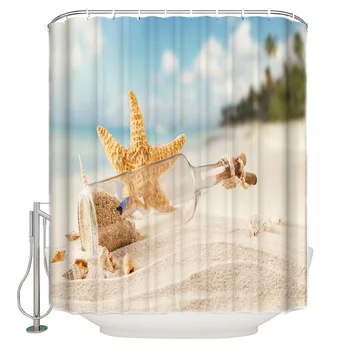 

Waterproof Polyester Fabric Shower Curtain Bottle Starfish Shell Sea Waves Sand Shower Curtain