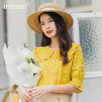 

INMAN 2020 Summer New Arrival Pastoral Style Young Gril Doll Collar Half Sleeve Flower Print Blouse