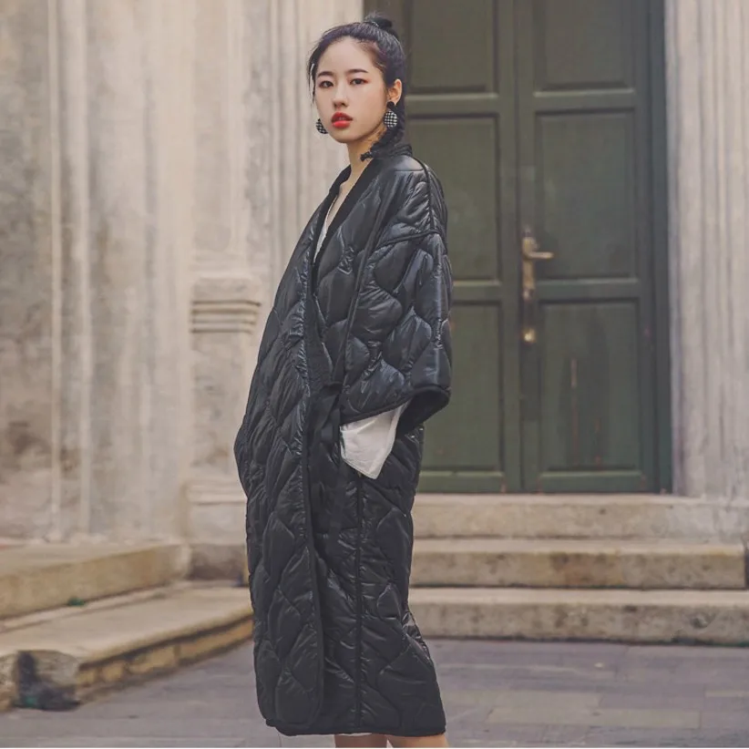 Dark Black Winter Japanese Kimono Bandage Robe Loose Long Cotton Padded Jacket Winter Warm Long Coat LM88