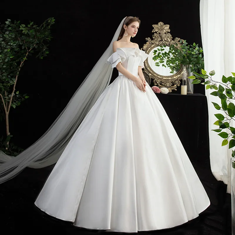 Лидер продаж, корейское простое платье с вырезом лодочкой, Vestidos De Novia, свадебное платье, Модное бальное платье с расклешенными рукавами и открытой спиной с открытыми плечами