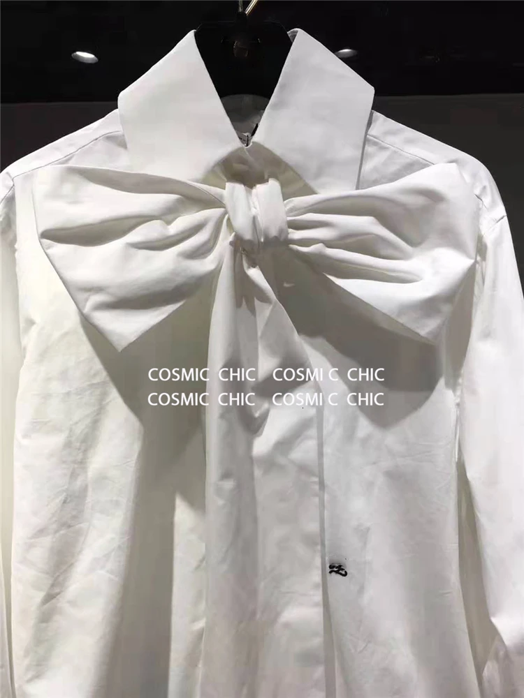 Cosmicchic женская блуза с бантом с длинными рукавами и золотым запонками белая хлопковая рубашка подиумная дизайнерская офисная блузка тонкие повседневные топы