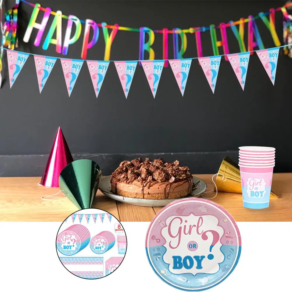 Baby Gender Reveal Partyware Kit Blue Pink Plates Napkins Cups Cutlery Set Party Paper Cup Decorations Tool