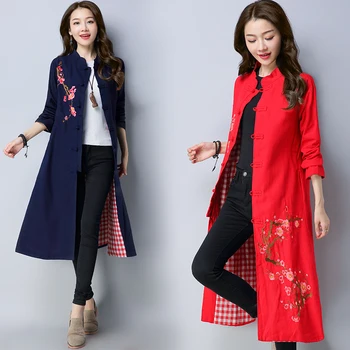 

Women Chinese Style Floral Embroidery Plum Blossom Long Cotton Linen Coat Retro Trench B11