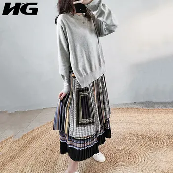 

HG French Style Vintage Print Women Dress Splicing Fake Two-piece Suit Pleated Dresses Plus Size Long Sleeve Clothes XJ3233