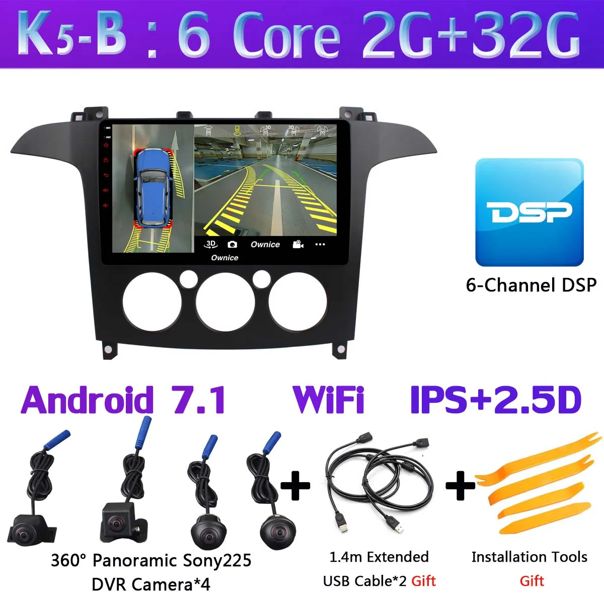 360 ° камера 4G SIM Android 9,0 4G+ 64G gps Navi Радио CarPlay SPDIF DSP Автомобильный плеер стерео для Ford S-Max S Max 2007-2008 AT/MT - Цвет: K5-B
