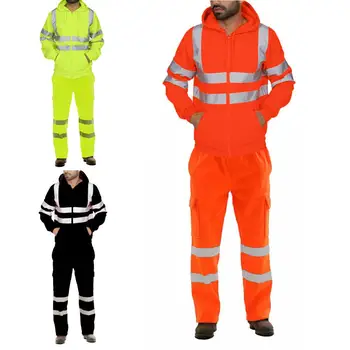 

Men Reflective Strip Windproof Hooded Work Jacket Long Pants Fleece Tracksuit Set