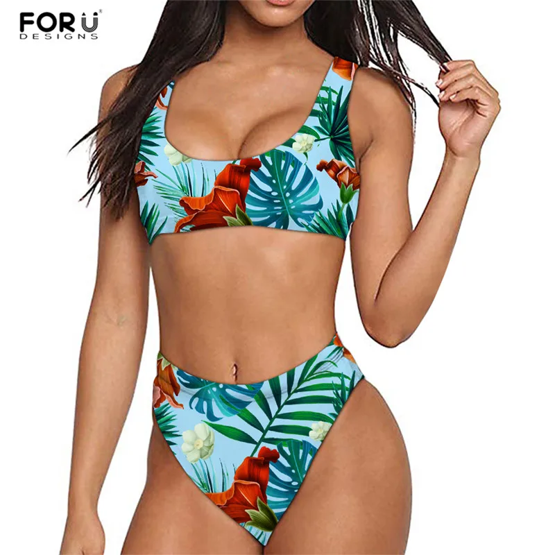

FORUDESIGNS 2020 Tropical Palm Leaves Bandage Bikini Set Print Push up Swimwear Female Brazilian Bikini Set Biquini Bathing Suit