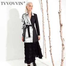 TVVOVVIN, новинка, Осень-зима, с отворотом, длинный рукав, персональный, черный, с блестками, с разрезом, для суставов, Бандажное, Свободное пальто для женщин, M12