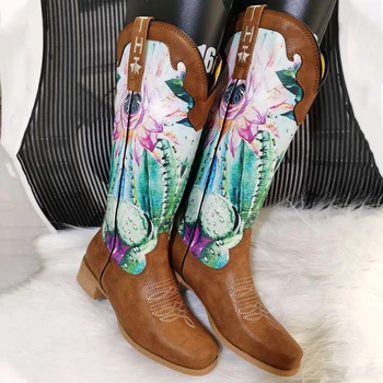 

Mid-calf Knight Boots 2020 Autumn Winter Western Cowboy Boots Women's Boots Printed Embroidery Square Toe Mid-tube Leather Boots