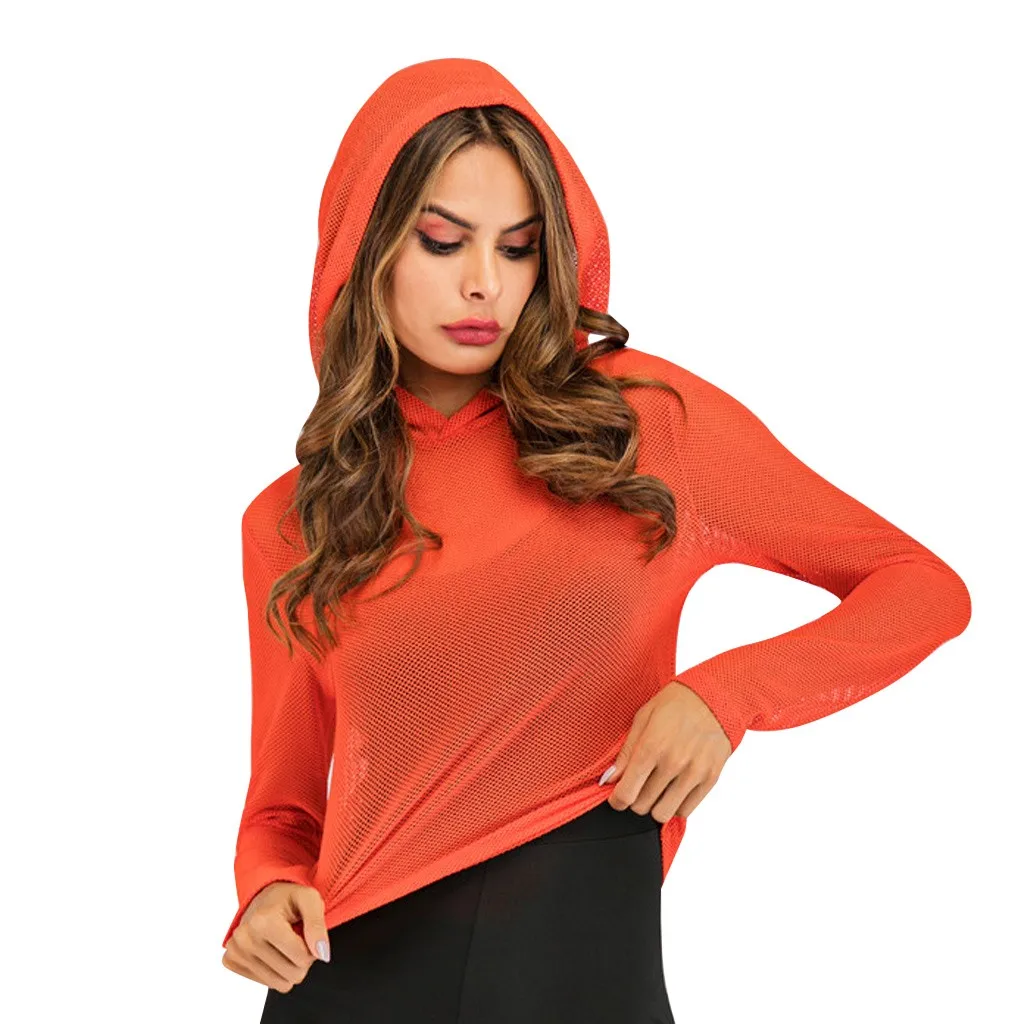

Hillsionly Women Tops Winter Women's Autumn Winter Solid Color Shirt O Neck Long Sleeve Mesh Hooded sweater Blouse Top Mujer