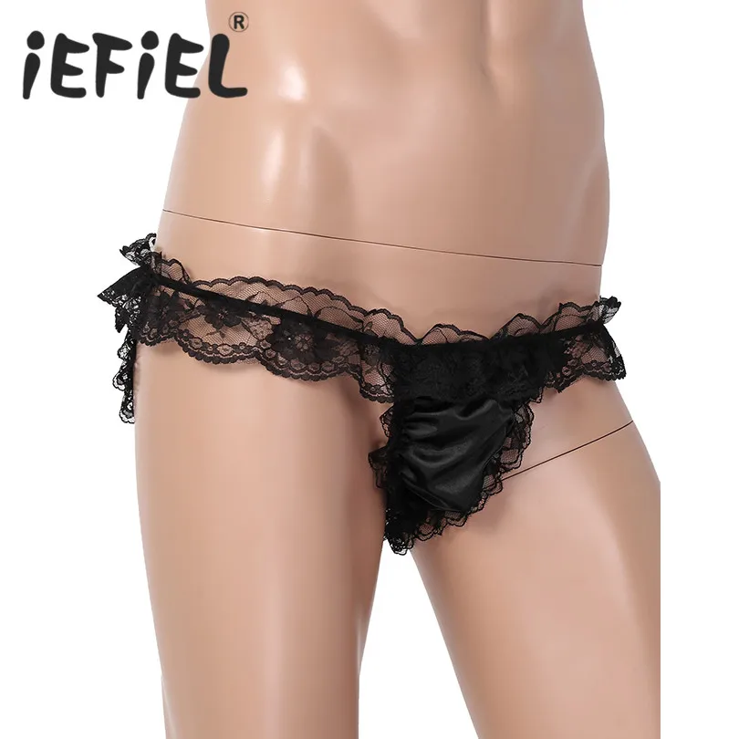 Mens Hot Sissy Floral Lace Panties Transparent Gay Sexy Lingerie Men Underwear Male Bikini Briefs Underwear for Nightwear