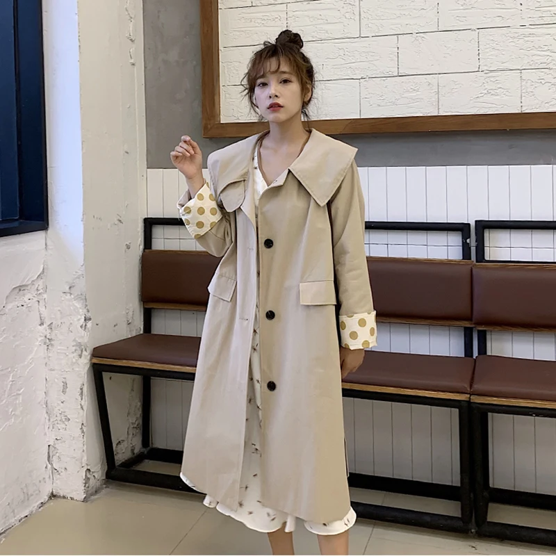 

Turn-down Collar Fashion Trench-coat for Women Autumn Long-sleeved Casual Solid Overcoat Long-coat Streetwear Loose Windbreaker