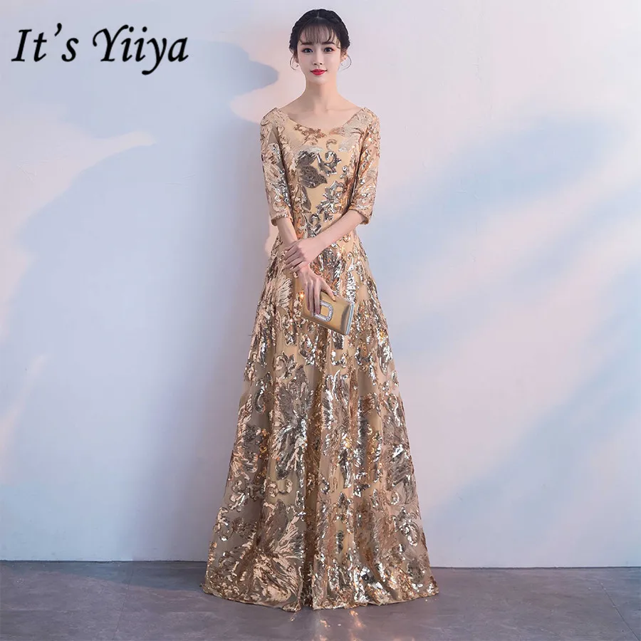 It's Yiiya/Вечерние платья с круглым вырезом и короткими рукавами; торжественное платье с золотыми блестками для девочек; большие размеры; платье в пол; robe de soiree; E1403 - Цвет: Золотой