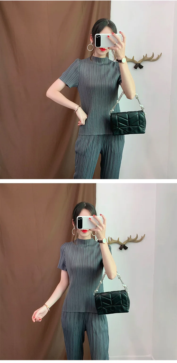 Базовая плиссированная футболка с короткими рукавами Miyake свободная Осенняя рубашка большого размера плиссированная рубашка