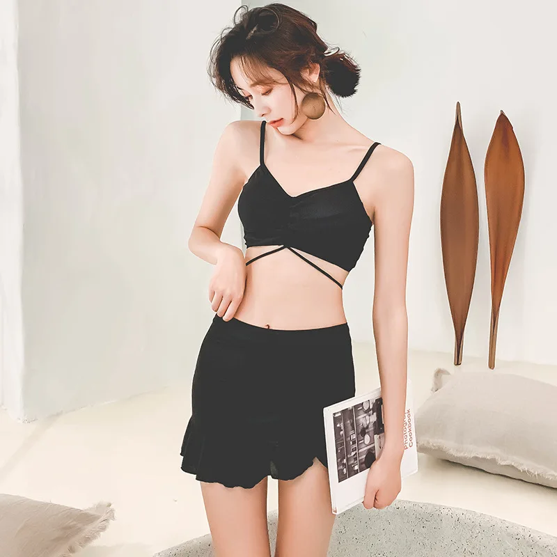 

2019 Korean-style Bathing Suit New Style Solid Color Sexy Cutout-Waist Frilled Skirt Push up Chest Hot Springs Bathing Suit Wome