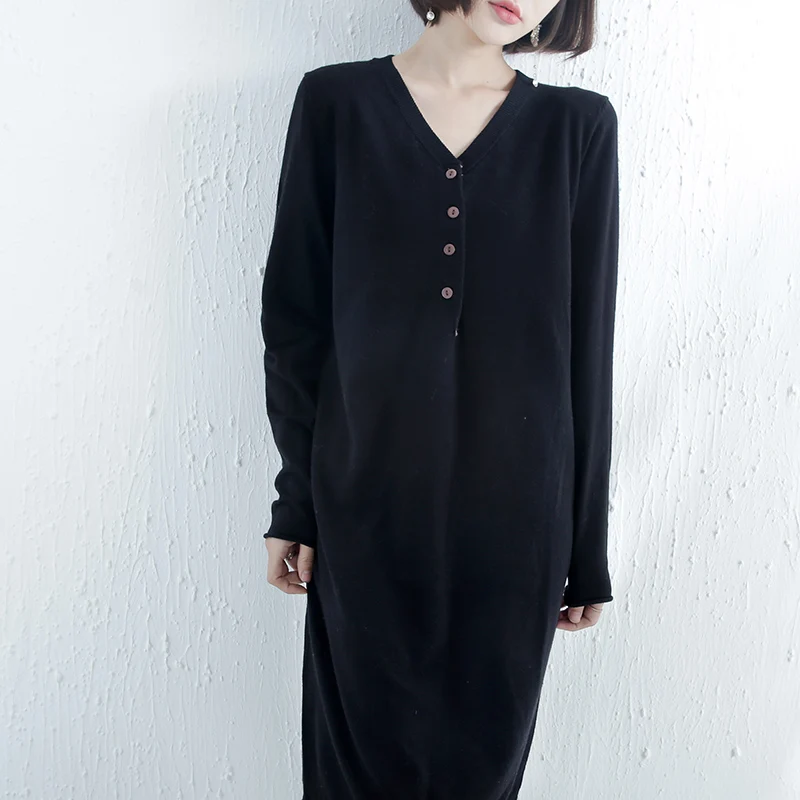 

Women's sweater 2020 autumn and winter new solid color versatile long skirt V-tie buckle long-sleeved cashmere sweater