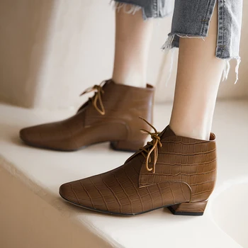 

Genuine Leather Concise Lace-Up Short Boots Women Autumn Winter Warm Casual Basic Shoes Woman Square Toe Ankle Boots