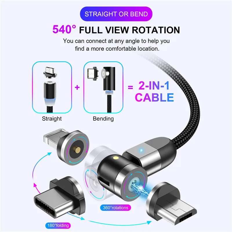 USLION обновленный Магнитный кабель для быстрой зарядки Micro usb type C кабель для мобильного телефона для samsung iPhone 360+ 180 градусов