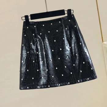 

2019 New Spring Autumn All-match High Waist PU Leather Skirts Beading Rivet Slim Hip Short Skirt A-line Faux Leather Skirts