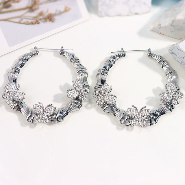 Shiny Crystal Butterfly Charms Bamboo Hoop Earring for Women Girls Personality Bamboo Style Design Dangel Earring Jewellery