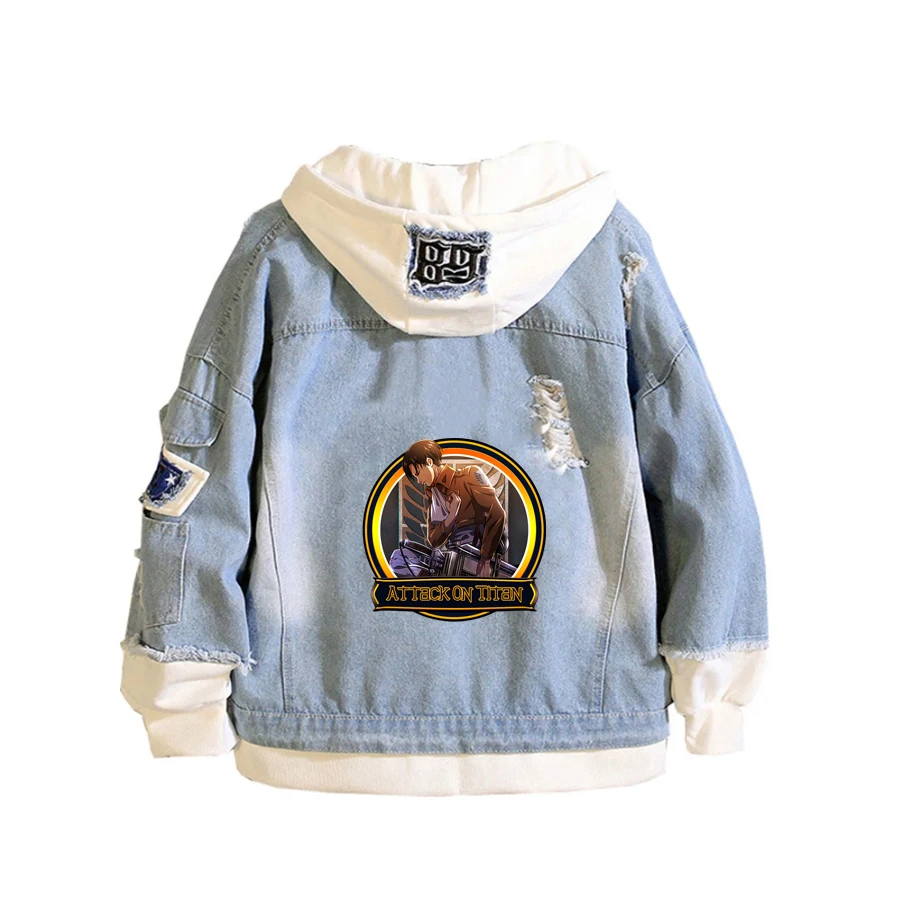 Anime Attack On Titan Coat Adolescenti Cowboy Cosplay Jacket Uomo Donna Casual Denim Cappotto Sciolto Con Cappuccio Cartoon Hooded
