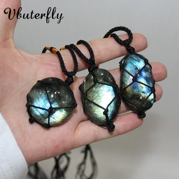 

Labradorite Stone Drops Necklace, 45-50mm Natural Stone Pendant for Men's Women's Dragons Heart Wrapped Energy Necklace HJ2