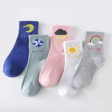 5 пар/компл. с забавными рисунками хлопковые носки для Для женщин с изображением милой кошки фруктов, буквы, луна, погода с рисунком женские Повседневное короткие носки