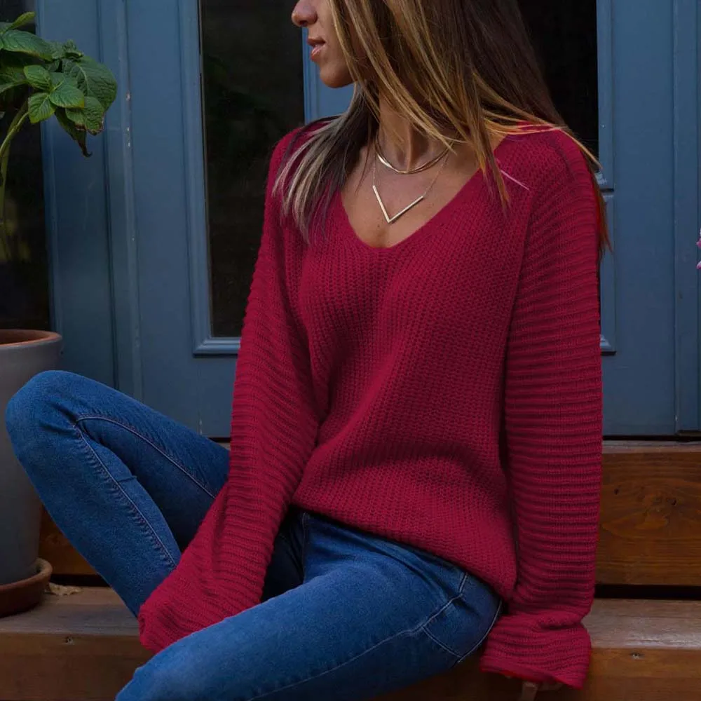 Осень, женский синий пуловер с v-образным вырезом, свитер, свободный однотонный Повседневный свитер, большие размеры, черные пуловеры - Цвет: Wine red