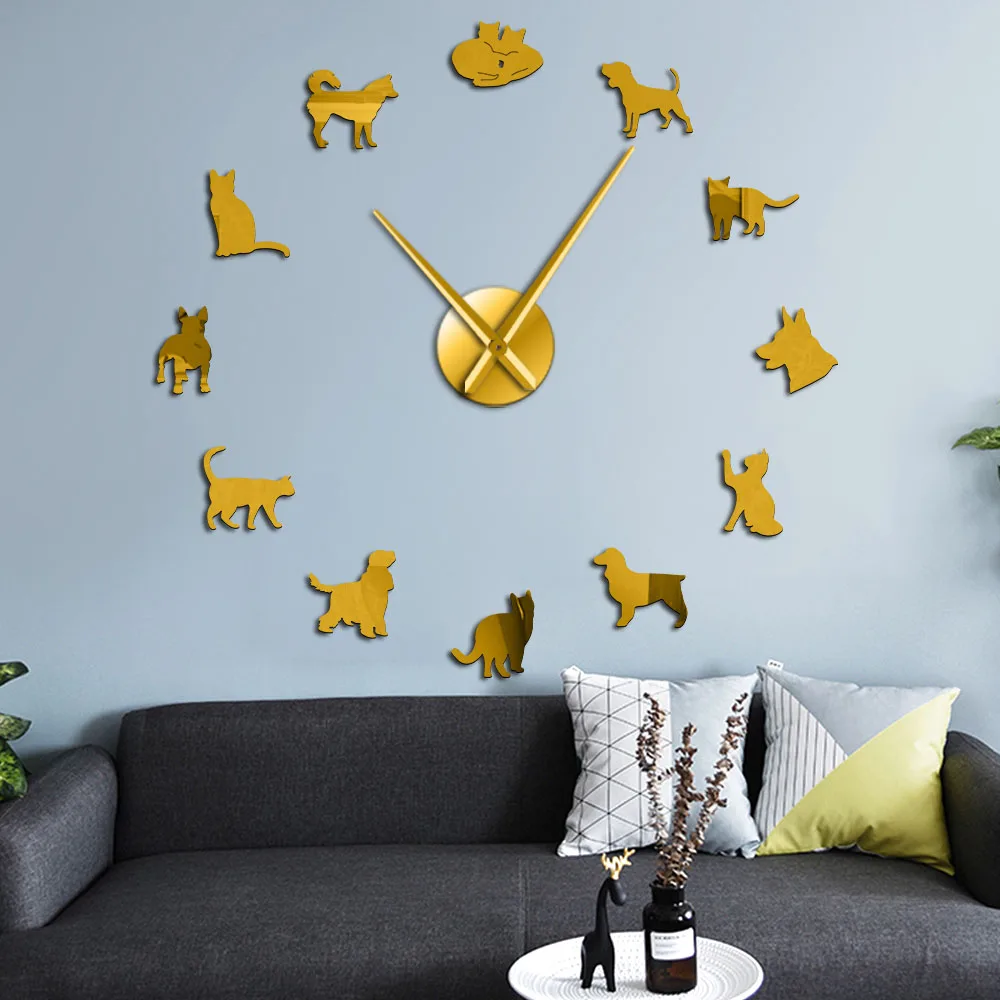 Lovely Dog and Cat DIY Giant Wall Clock Home Decor Wall Art Clock Veterinary Frameless Large Wall Watch Animal Lovers Vet Gifts