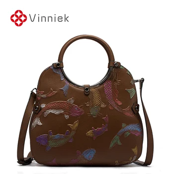 

Women's Genuine Leather Handbag Embossed Fish Pattern Ladies Bags Ethnic Style Shoulder Bag Female Cross Body Bucket Bags