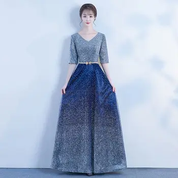 

Women Luxury Sequins With Waistband V-neck Sexy Cheongsam Chinsese Qipao Color Novelty Maxi Evening Dresses Plus Size 3XL 4XL