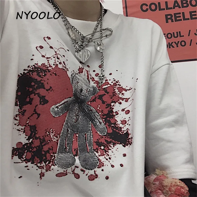 NYOOLO Новинка уличная одежда принт с кровавым медведем поддельные две части Лоскутная свободная футболка Топы Повседневная футболка с длинными рукавами для женщин и мужчин