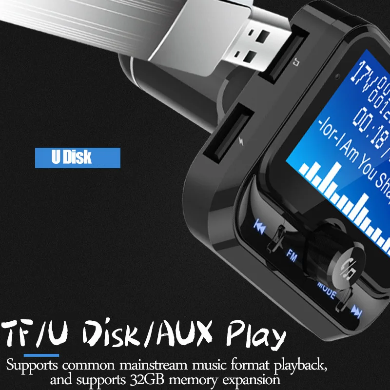 Автомобильный fm-передатчик, Bluetooth, MP3, музыкальный плеер, аудио приемник, двойной USB, QC 3,0, зарядное устройство, U диск, считыватель, 1,8 дюймов, дисплей, громкая связь