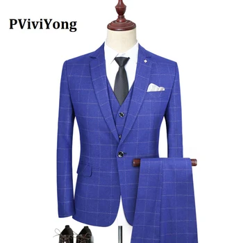 

PViviYong brand 2019 Korea high quality suit men wedding grid slim Business Suit Three-piece (Jackets + Vest + Pants) SJT92