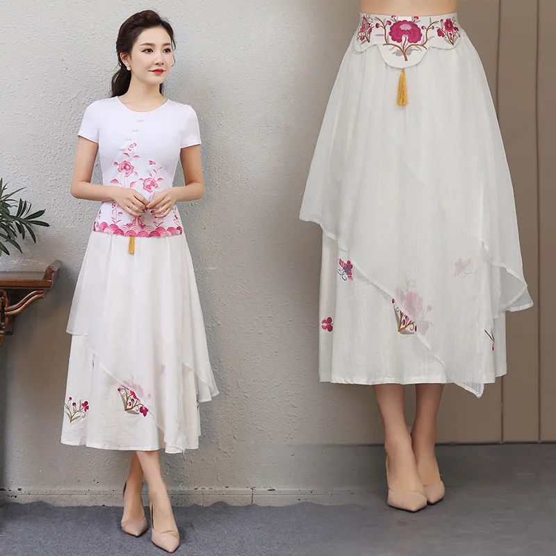 

New Style Spring Summer Ethnic-Style Irregular Joint Versatile Embroidery Cotton Linen Skirt Women's