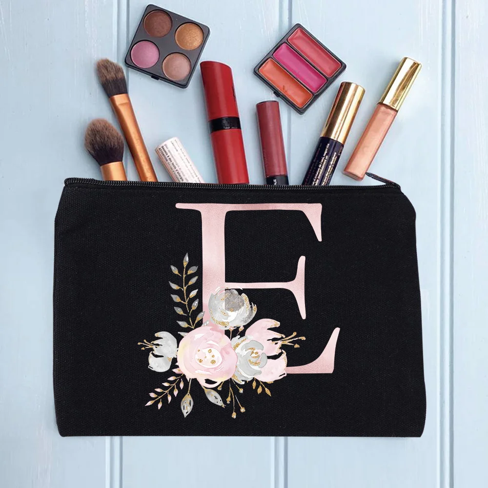 Women's Cosmetic Makeup Bags Female Organizer Pink Flower 26 Letters School Pencil Cases Carrying Bag for Coin Purse