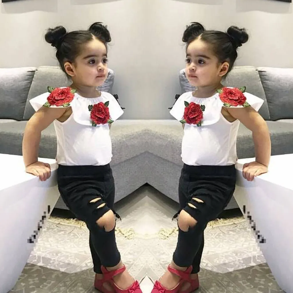 Toddler Kids Baby Girl Flower Rose T shirt Tops Ripped Pants Set Clothes Outfits Children Child 2019 Drop Shipping | Мать и ребенок