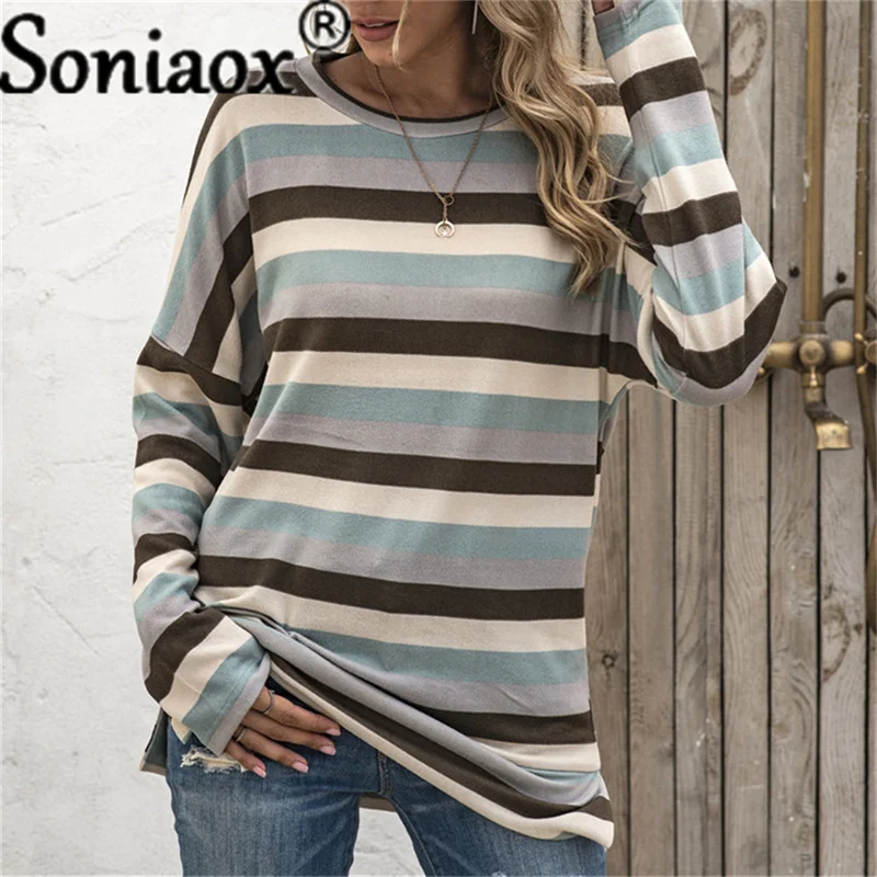 2021 Autumn Winter Women Plush Round Neck All-Match Fashion Hooded Casual Loose Oversized Stripe Printing Warm Ladies Sweatshirt