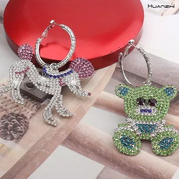 

HUANZHI 2020 New Trendy Dinosaur Bear Puppy Animals Rhinestone Stud Earrings Punk Abstract Earring For Women Girl Jewelry Gifts