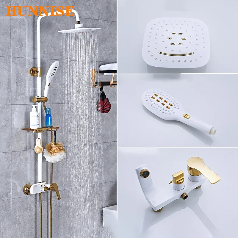 

Bathroom Shower System Square Rainfall Shower Head Copper Bathroom Faucets Inwall Mounted White Gold Bathroom Shower Mixer Set