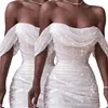 Women Off Shoulder Dress Ruffle Prom Mid Dress Formal Lady Sparkling Wedding Evening Party Dress Female Slash Neck Bodycon Dress ► Photo 2/3